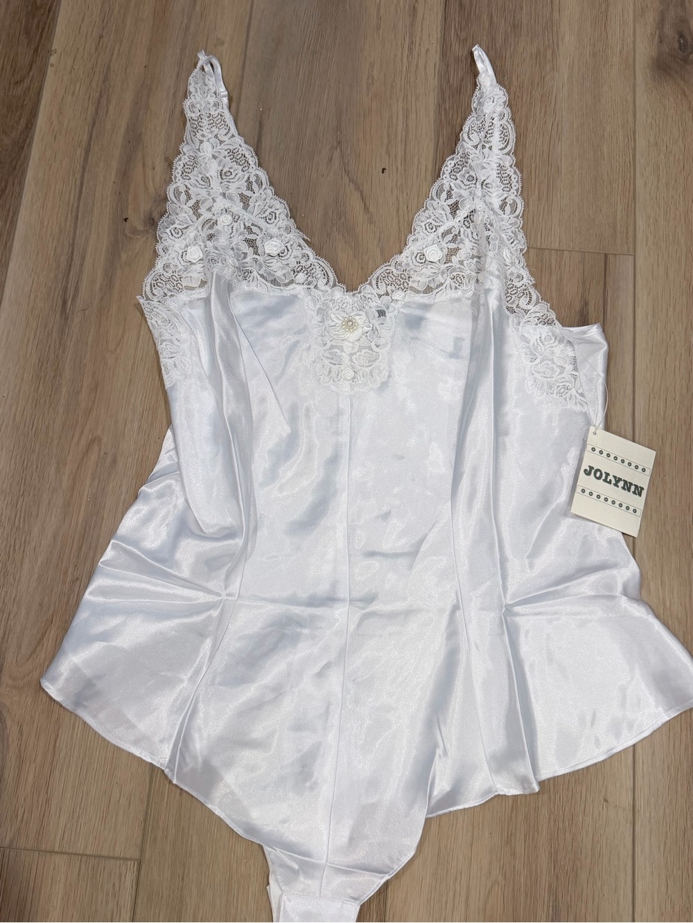 NWT Vintage Jolynn White Lace-Trim Satin Teddy Bodysuit